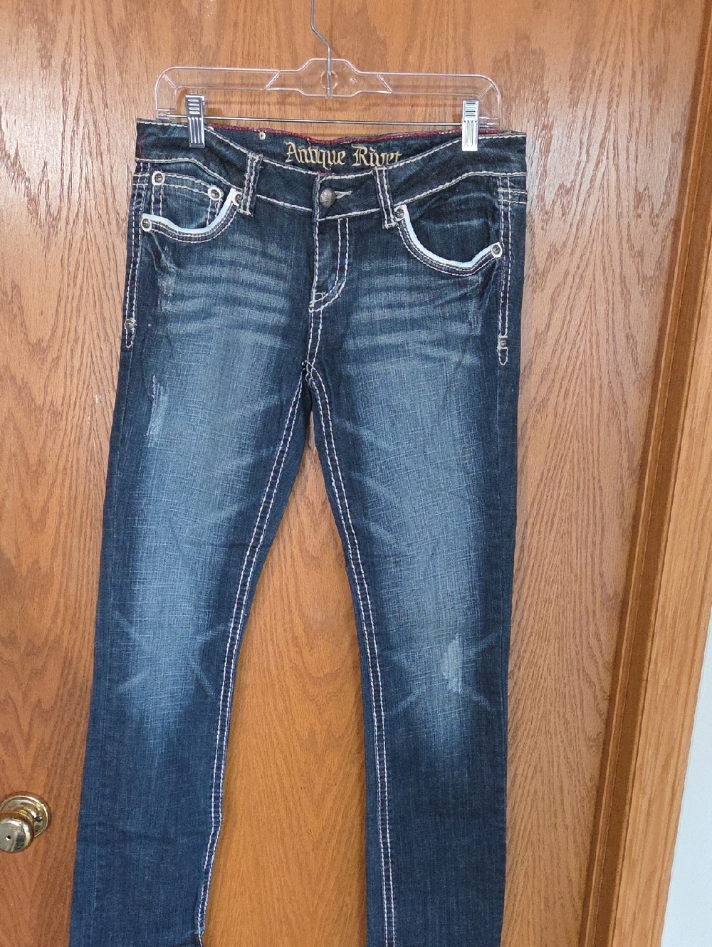 #13 Antique Rivet Navy Distressed Skinny Jeans with White Contrast Stitching